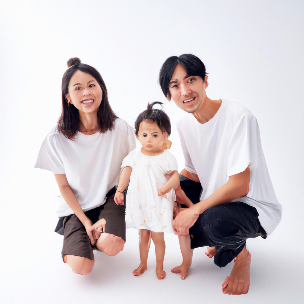 家族写真の作例。柔らかな自然光とクリーンな背景で明るい表情